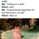 A pink frog looks joyful on a leaf, defying a witch's spell.
