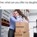 Man offering a stack of meme boxes labeled "memes" in a warehouse.