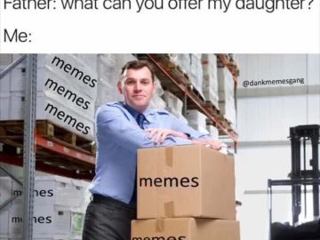 Man offering a stack of meme boxes labeled "memes" in a warehouse.