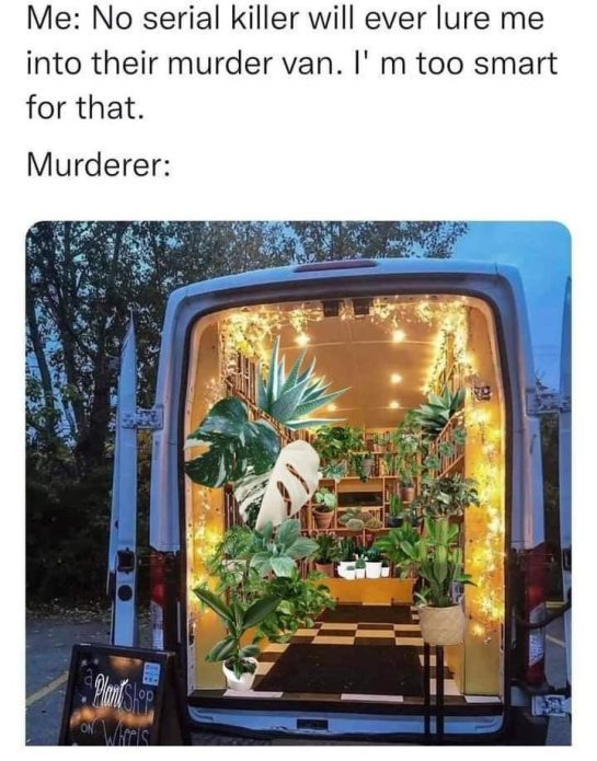 Van filled with plants as a joke about serial killers' vans.