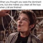 Young man surprised by unexpected dominant relationship dynamics.