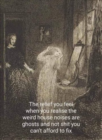 Humorous meme of a ghost in an old house with a funny caption about noises.