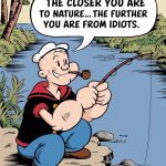 Cartoon character fishing with a humorous nature quote.