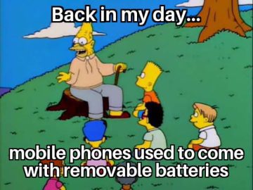 Cartoon character reminiscing about phones with removable batteries.