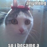 Cat with bunny ears in a hilarious meme about transformation.