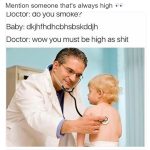 A doctor listening to a baby's back with a stethoscope in a humorous meme.