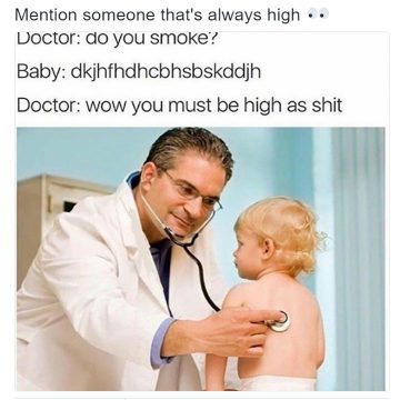 A doctor listening to a baby's back with a stethoscope in a humorous meme.