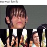 Meme showing a boy with bangs vs. a happy family behind curtains depicting different family perceptions.