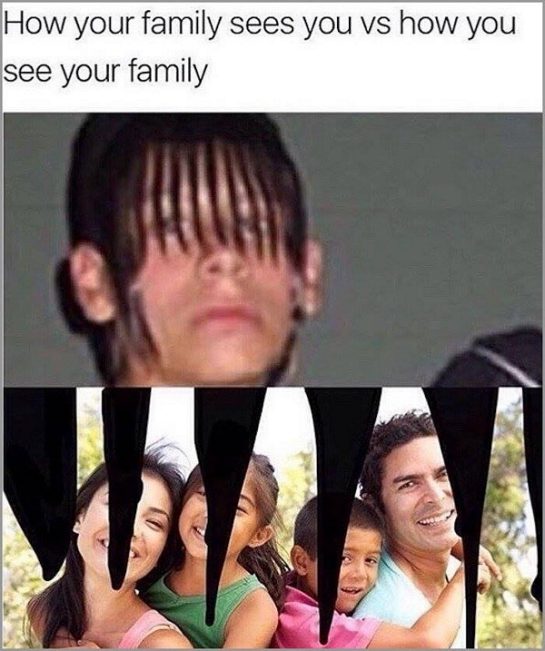 Meme showing a boy with bangs vs. a happy family behind curtains depicting different family perceptions.