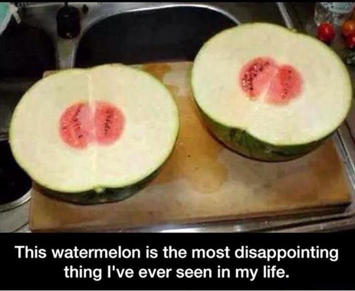 A watermelon cut open with a tiny red center, labeled as disappointing.