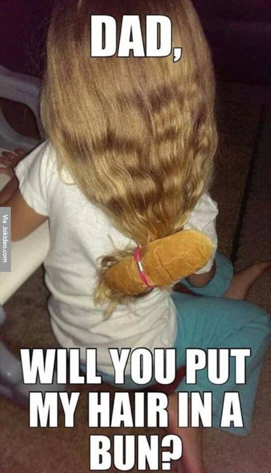 A girl with a literal bread bun tied into her hair as a ‘bun’ hairstyle.