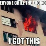 A person casually reaching out of a burning building, acting unfazed.