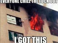 A person casually reaching out of a burning building, acting unfazed.