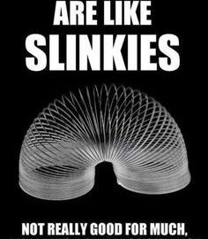 A black-and-white image of a slinky with a dark humor caption.