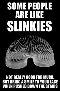 A black-and-white image of a slinky with a dark humor caption.