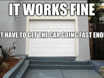 A house with a garage at the top of stairs, making it impossible to drive in.