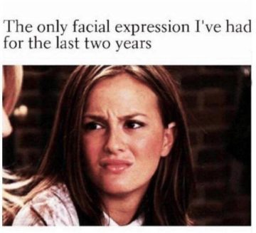 Woman's humorous facial expression with relatable meme caption.
