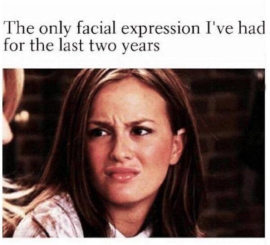 Woman's humorous facial expression with relatable meme caption.