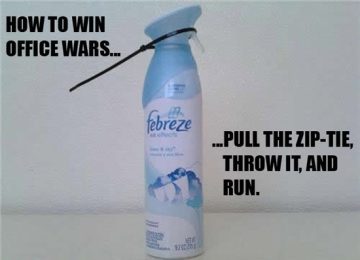 Febreze can with zip-tie, ready for an office prank