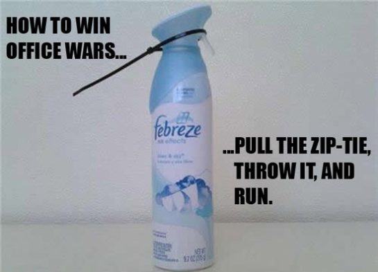 Febreze can with zip-tie, ready for an office prank