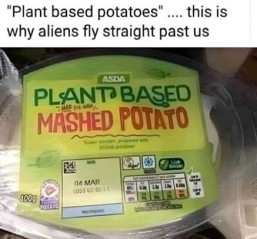 Label of plant-based mashed potato with humorous commentary