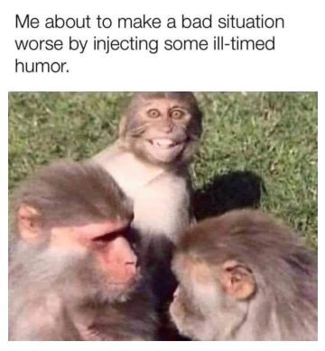 Three monkeys, one smiling awkwardly, illustrating ill-timed humor
