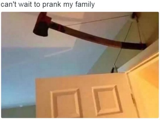 Axe prank above door for a hilarious family surprise