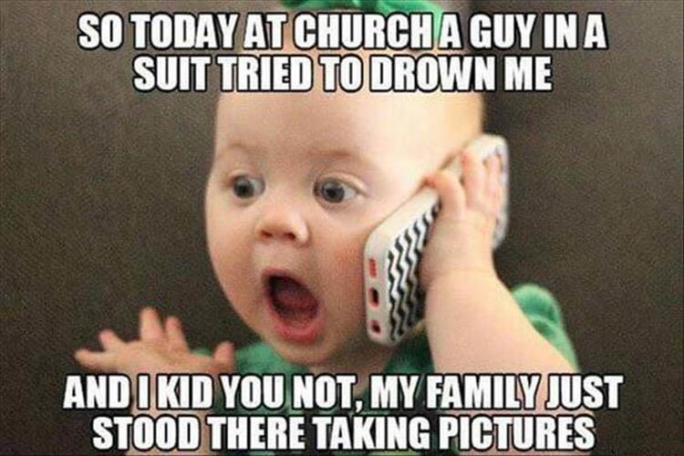 Shocked baby talking on a phone about a baptism incident