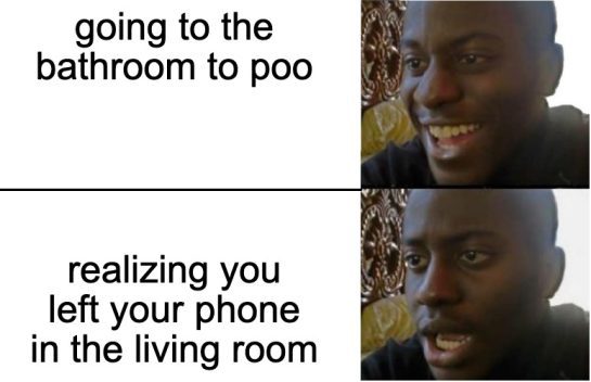 Two-panel meme about realizing you left your phone outside the bathroom
