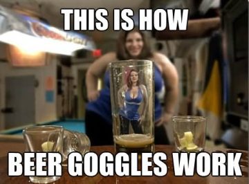 Humorous depiction of the beer goggles effect for entertainment.