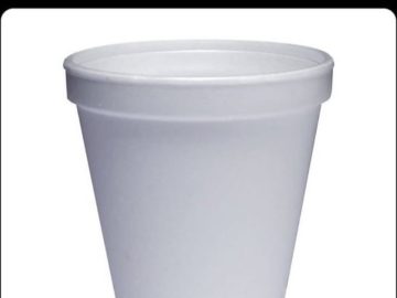 Styrofoam cup isolated on white background, funny meme context