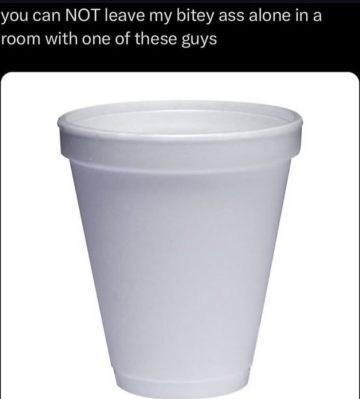 Styrofoam cup isolated on white background, funny meme context