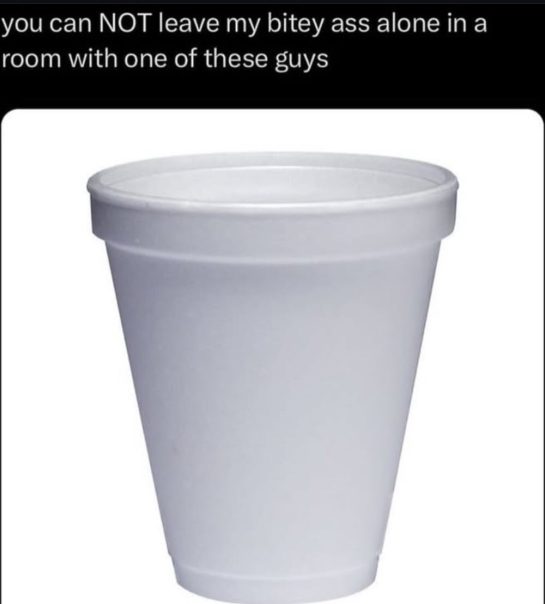 Styrofoam cup isolated on white background, funny meme context