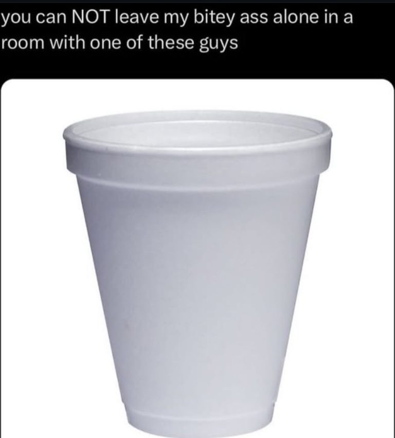 Styrofoam cup isolated on white background, funny meme context