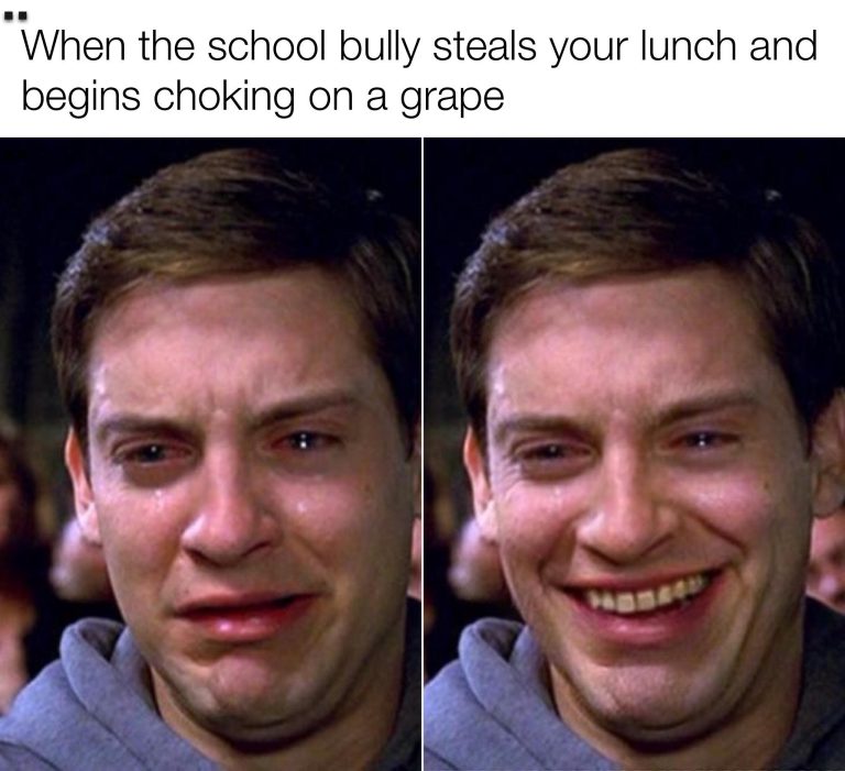 Meme of a school bully choking on a grape after stealing lunch