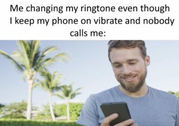 Man smiling at phone with text about changing ringtone