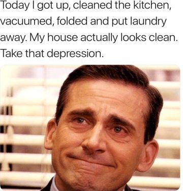 Man smiling with text about defeating depression by cleaning house