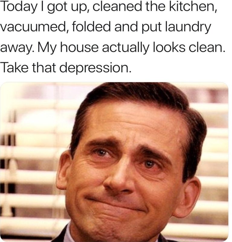 Man smiling with text about defeating depression by cleaning house