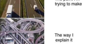 A meme comparing simple and complex explanations with highways