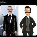 Photo of a celebrity and cartoon character side by side in similar outfits
