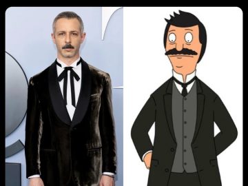 Photo of a celebrity and cartoon character side by side in similar outfits
