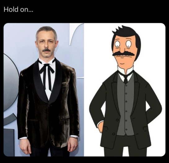 Photo of a celebrity and cartoon character side by side in similar outfits