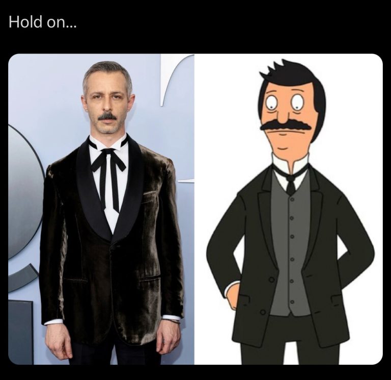 Photo of a celebrity and cartoon character side by side in similar outfits