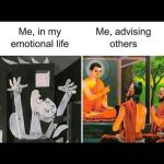 Two panels contrasting emotional life with giving advice humorously