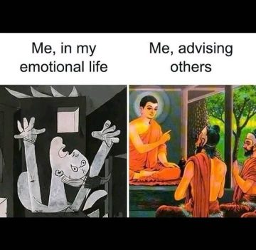 Two panels contrasting emotional life with giving advice humorously