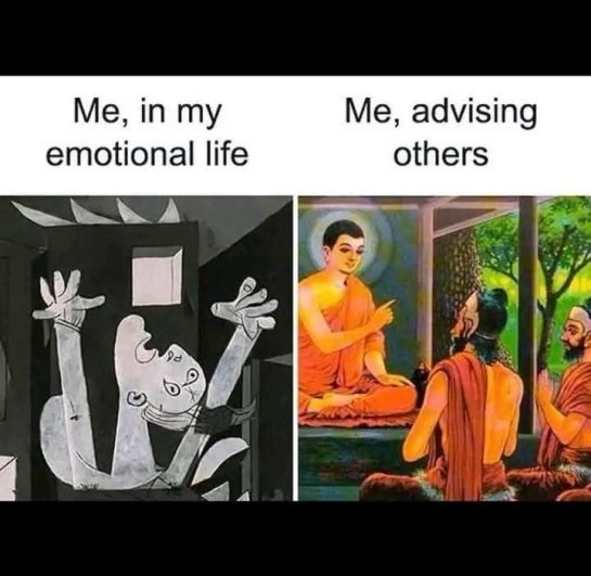 Two panels contrasting emotional life with giving advice humorously