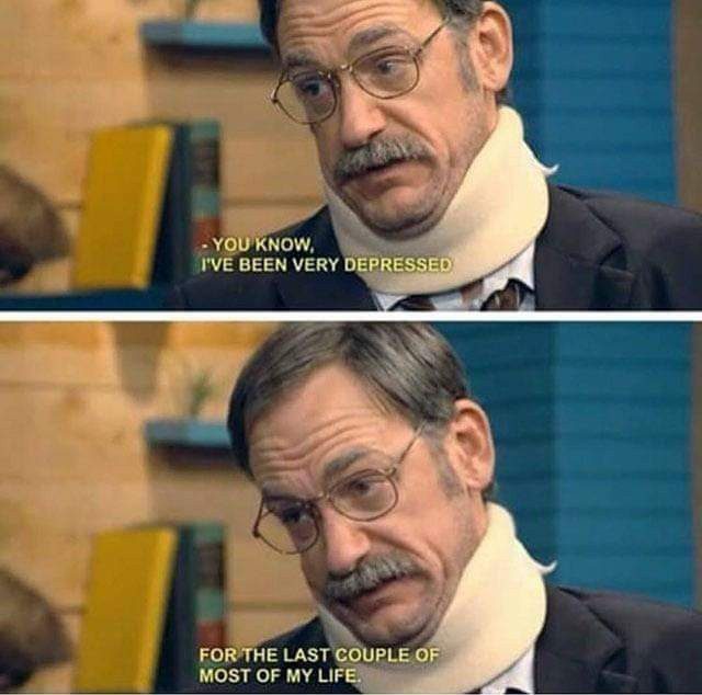 Man with neck brace discussing life's challenges in a meme.