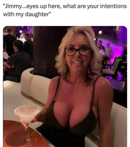 Woman with a drink in a humorous dating meme setting