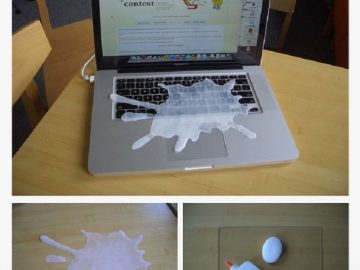 Laptop with a fake spill prank setup ready for laughs