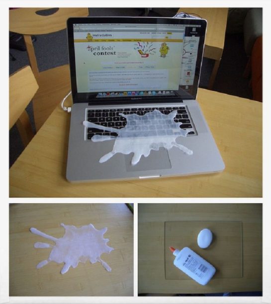 Laptop with a fake spill prank setup ready for laughs